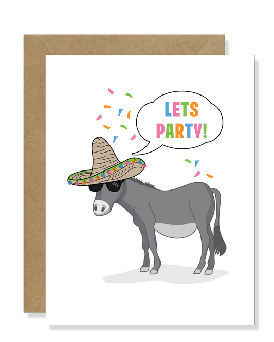 Bring the fiesta to birthdays with our high-quality party donkey greeting card! Featuring a sombrero-clad friend, it's perfect for southwest-inspired celebrations. Make every birthday a fiesta!