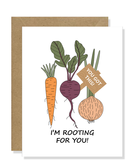 Veggie Greeting Cards | Root Vegetables| Cute I'm Rooting for you Greeting Card | Carrot, Turnip, and Onion Greeting Card