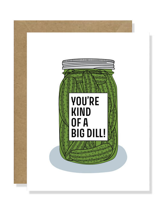 Introducing our "Kind of a Big Dill" Dill Pickle Greeting Card – a delightful and pun-filled way to bring smiles to your loved ones' faces! This quirky and unique card features a vibrant illustration of a cheerful dill pickle, complete with a charismatic grin and a playful nod to its "big deal" status.