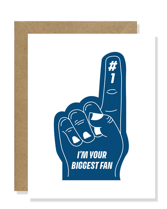Show your support with our high-quality foam finger 'Biggest Fan' greeting card! Perfect for congratulating your champion. Celebrate victories with style and enthusiasm. Get yours now!