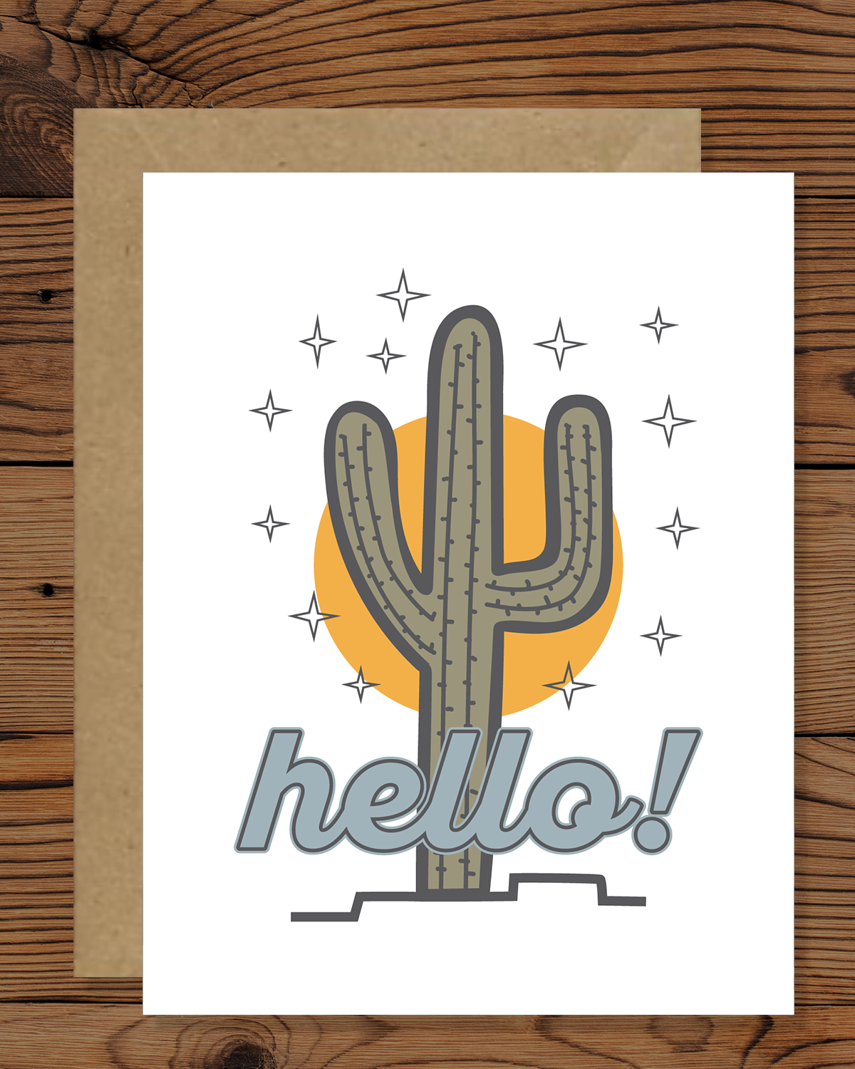 Hello Cactus Greeting Card| Saguaro Cactus and Sun Greeting Card