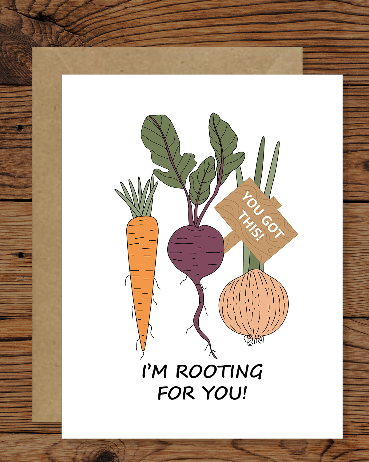 Veggie Greeting Cards | Root Vegetables| Cute I'm Rooting for you Greeting Card | Carrot, Turnip, and Onion Greeting Card